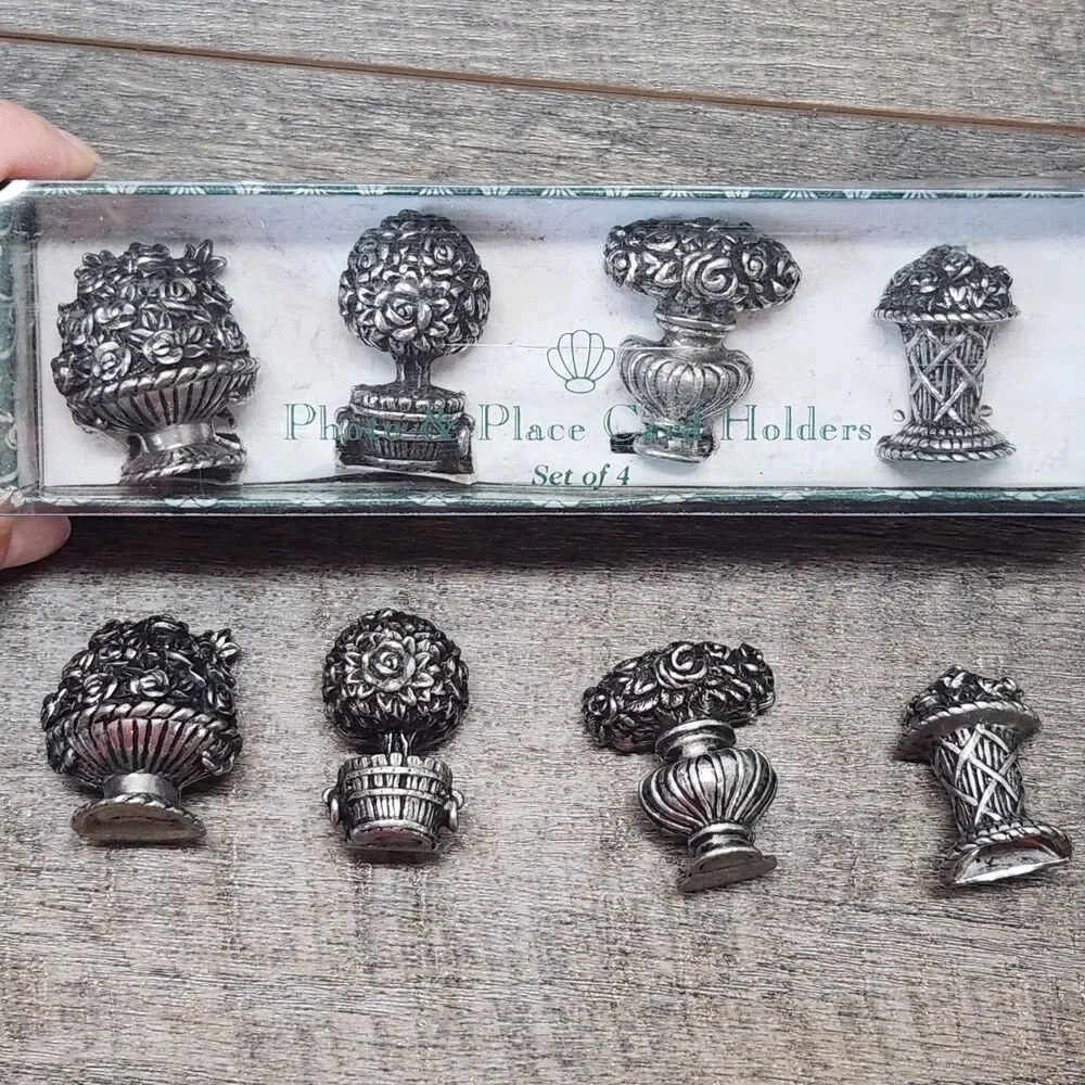 Vtg 8 Photo & Place Card Holders 4 Floral Arrangements 2 Of Each Silver Toned